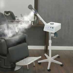 Beauty salon chair with Skinact Digital Katana Facial Steamer With Aroma Therapy and mirror in a room setting.