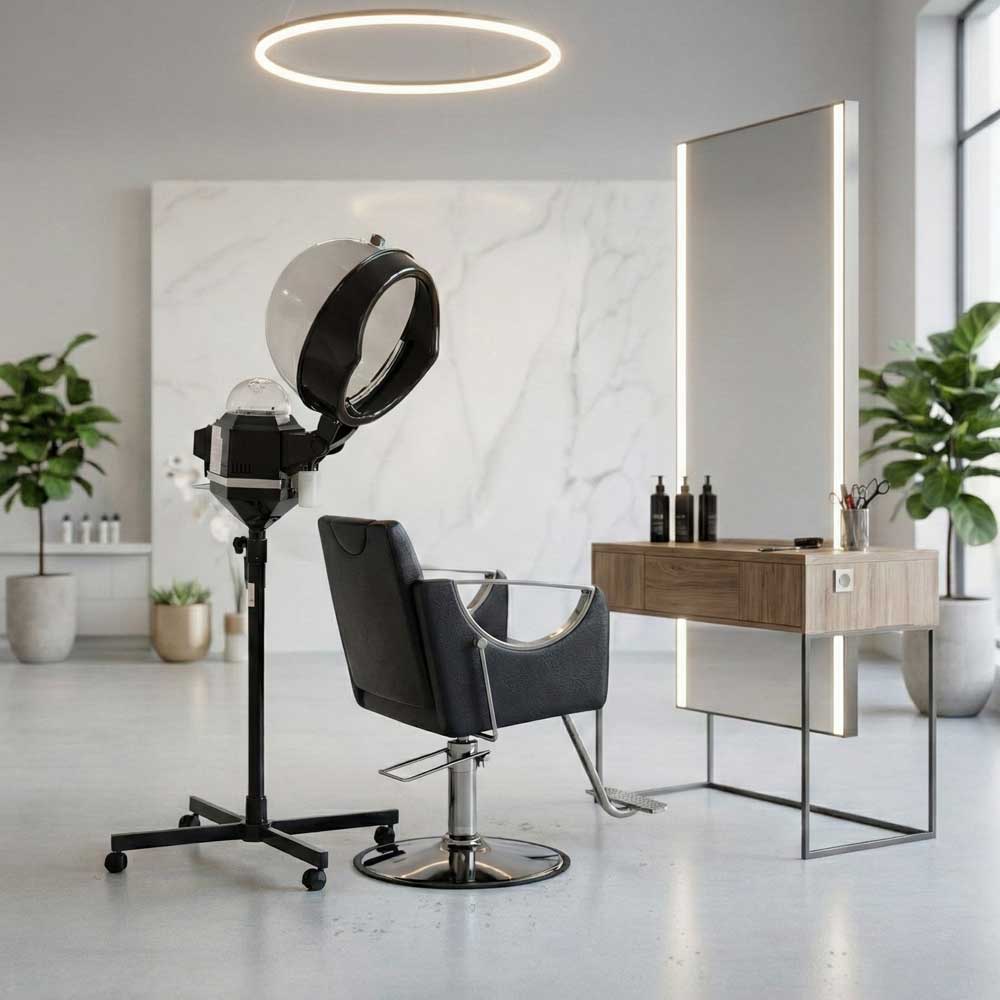 Skinact Elite Hair Steamer next to Salon chair with styling station and mirror in a modern salon setting