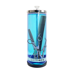 Large Sterilizing Jar Blue cylindrical container with hair styling tools on a white background