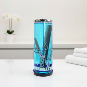 Blue Large Sterilizing Jar with hair styling tools design on a white surface