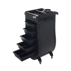 Black Nova Salon Cart Plastic 5 Drawer Workstation rolling cart with multiple drawers on a white background