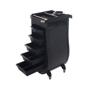 Black Nova Salon Cart Plastic 5 Drawer Workstation rolling cart with multiple drawers on a white background