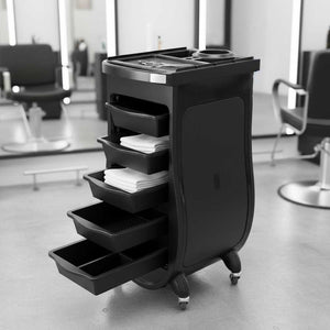 Black Nova Salon Cart Plastic 5 Drawer Workstation On Wheels as rolling cart with multiple drawers in a salon setting