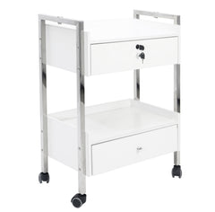 White Skinact Salon Spa rolling cart with two drawers and metal frame on a white background