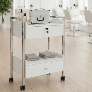White Salon Spa Cart with drawers and shelves in a room with white chairs and a plant.