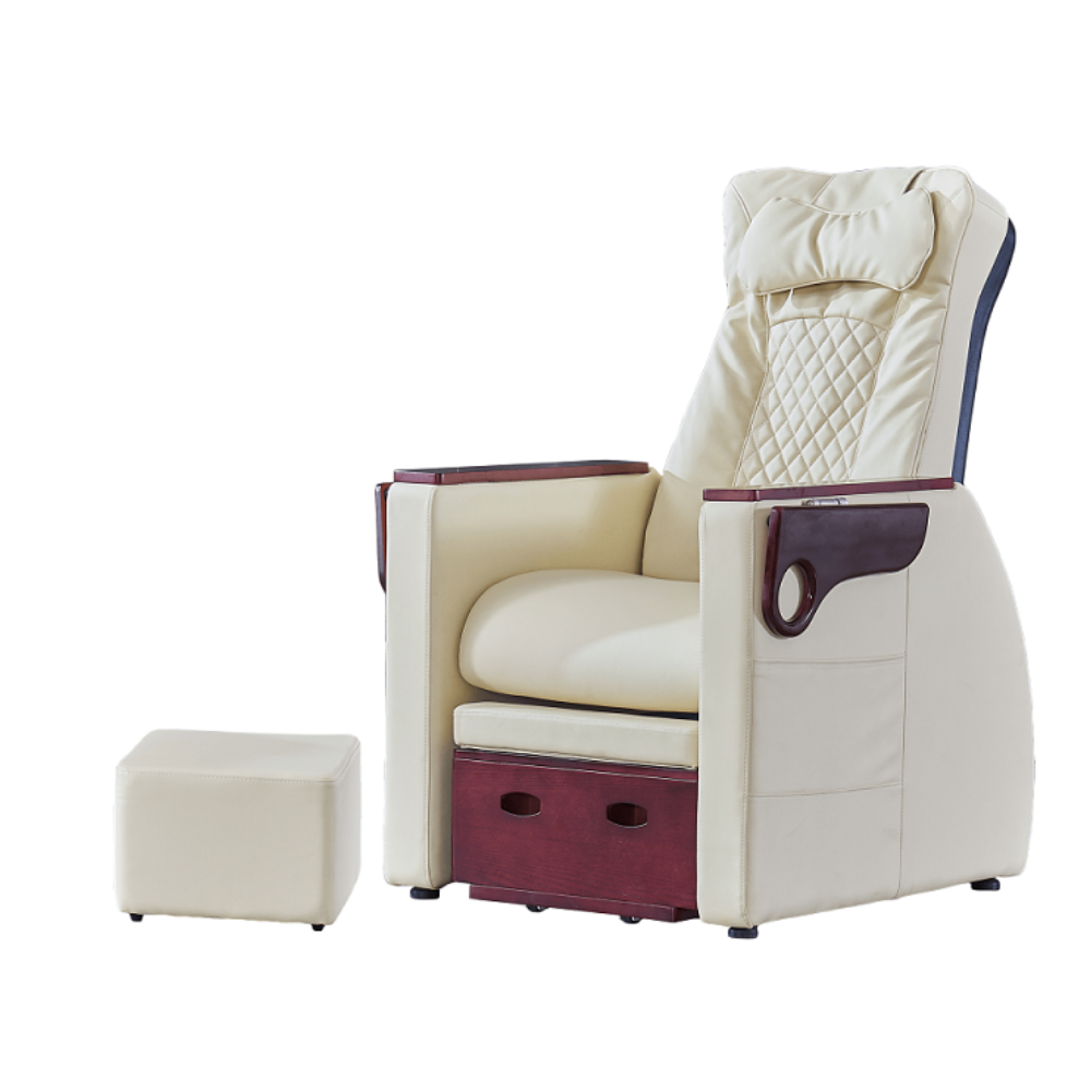 Cream SalonAct Calvin No Plumbing Pedicure Chair with padded seat, armrests, integrated footrest, and matching ottoman for pedicure services.