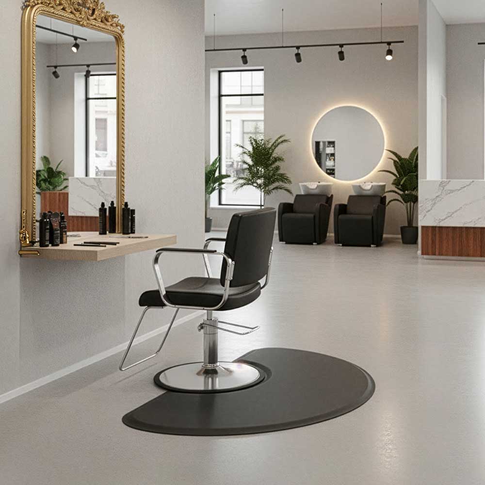 Modern salon interior with a black chair, gold-framed mirror, and decorative elements with a Semi Circle 1/2" Anti Fatigue Beauty Salon Floor Mat