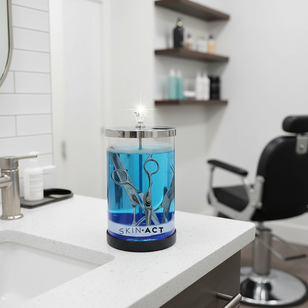 SkinAct Medium Sterilizing Jar Blue container with scissors design on a counter in a barbershop setting