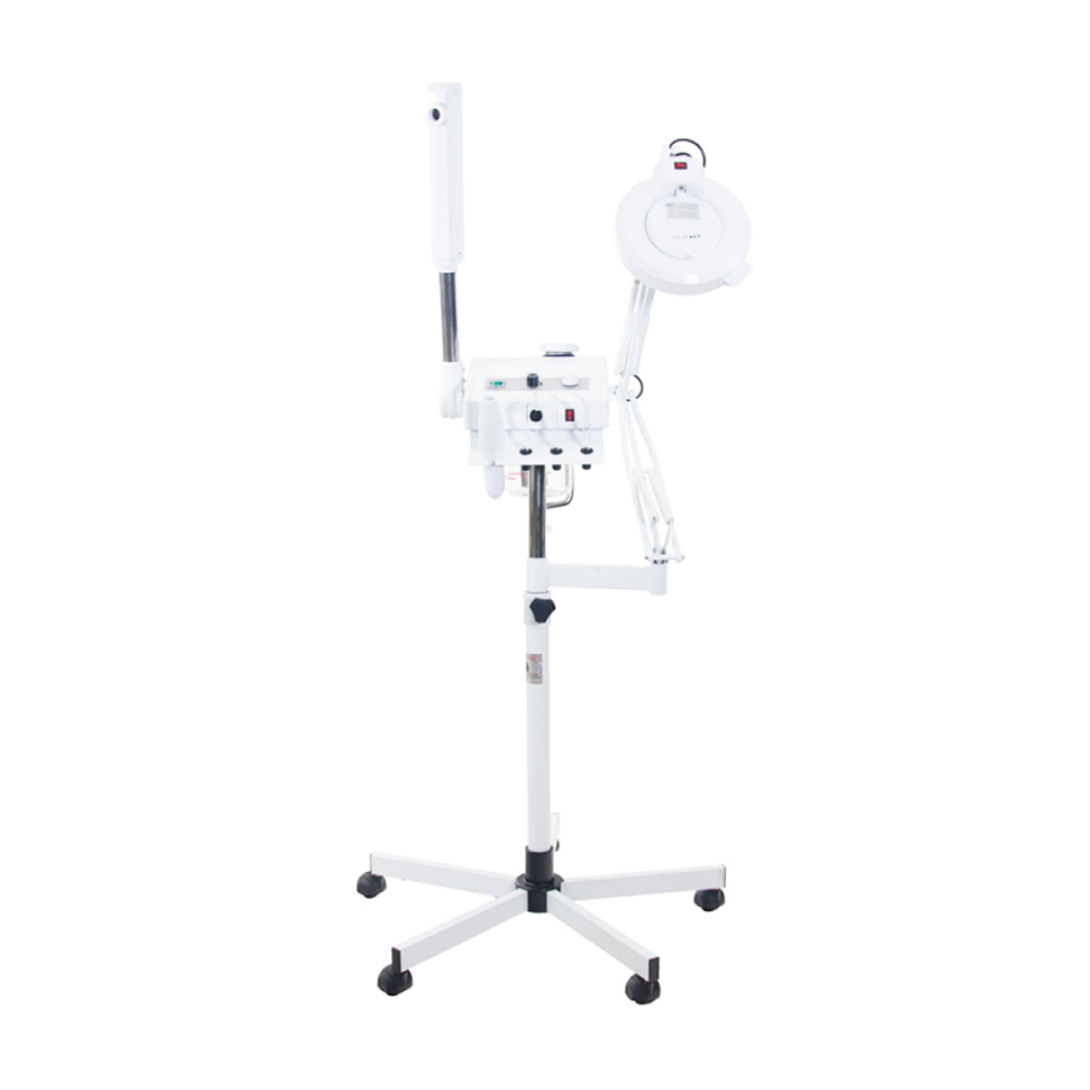 Skinact Ozone Steamer, 5 Diopter Magnifying Lamp And High Frequency on a stand with wheels on a white background