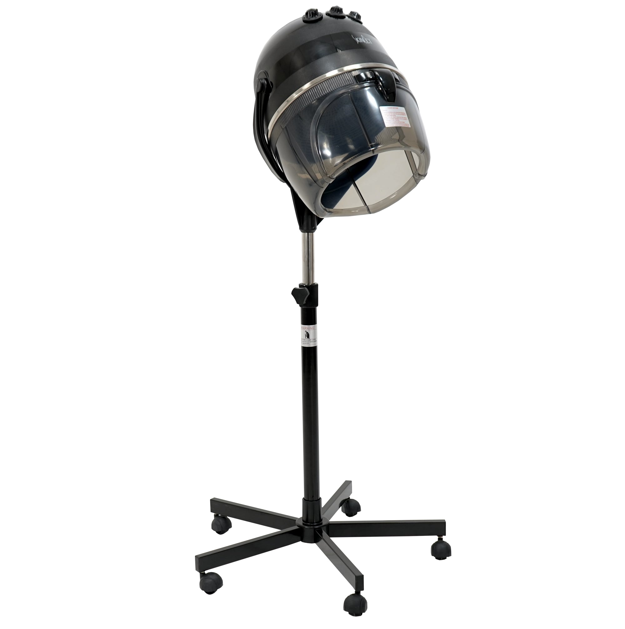 Skinact Hair Dryer With Timer and with a helmet-like design on a stand against a white background