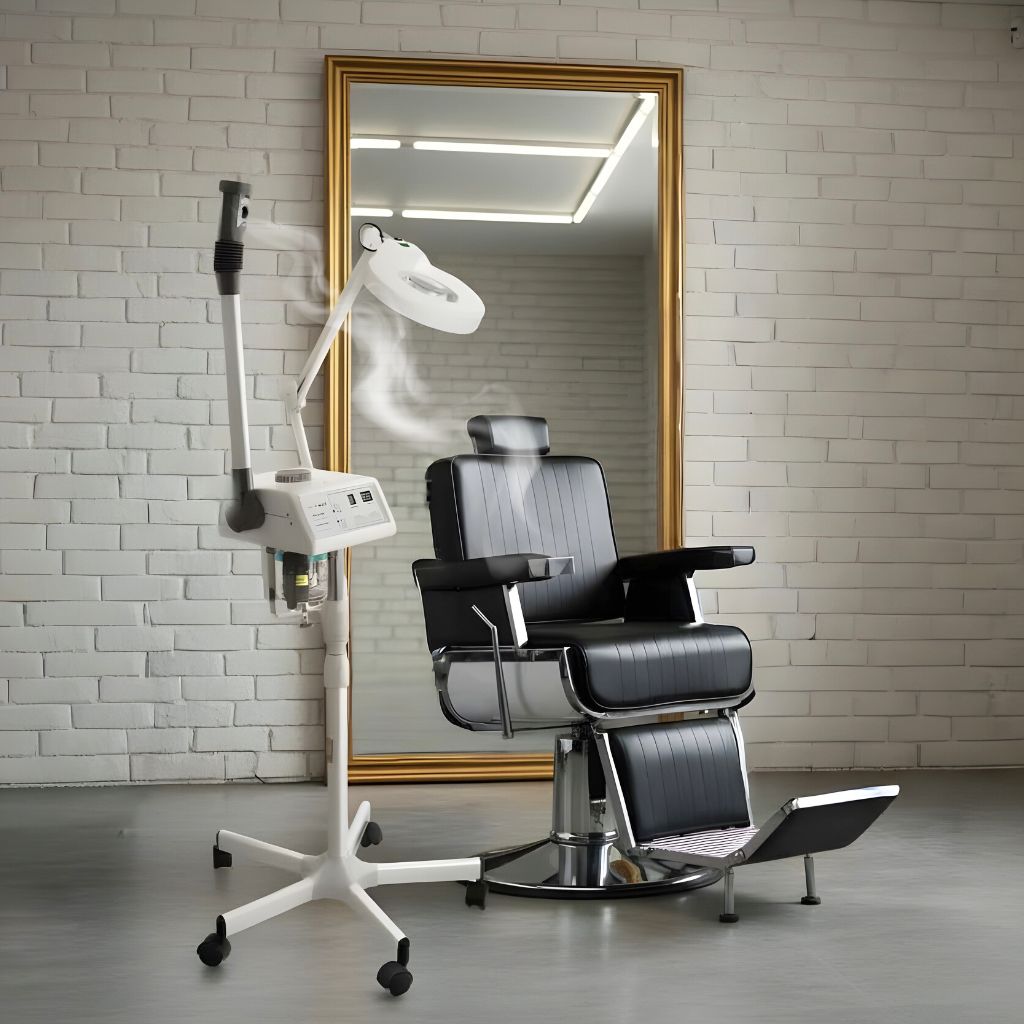 Barber chair with grooming station against a brick wall next to Skinact Euro Facial Steamer With Aroma Therapy + LED Magnifying Lamp