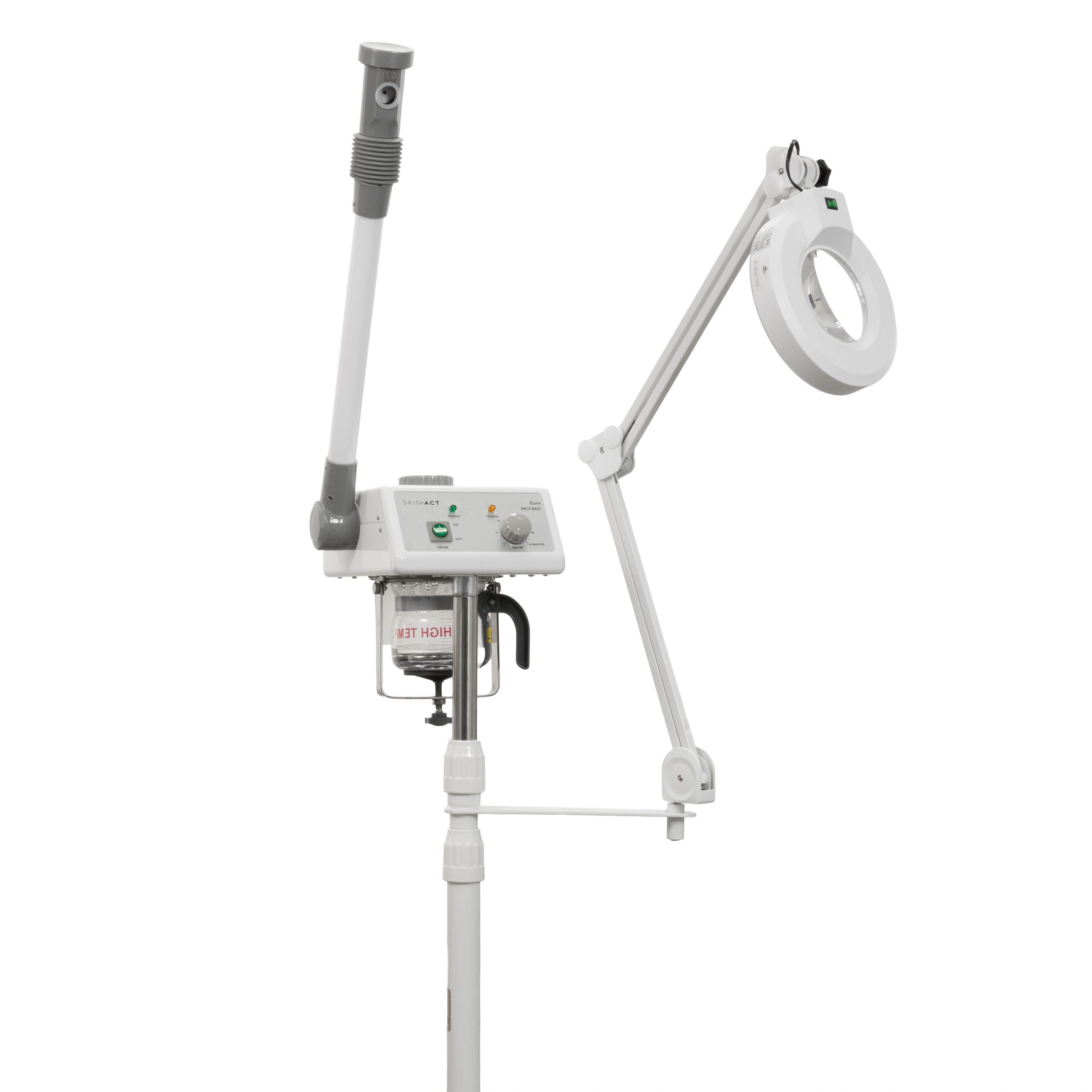 Euro Facial Steamer With Aroma Therapy + LED Magnifying Lamp and adjustable arm on a white background