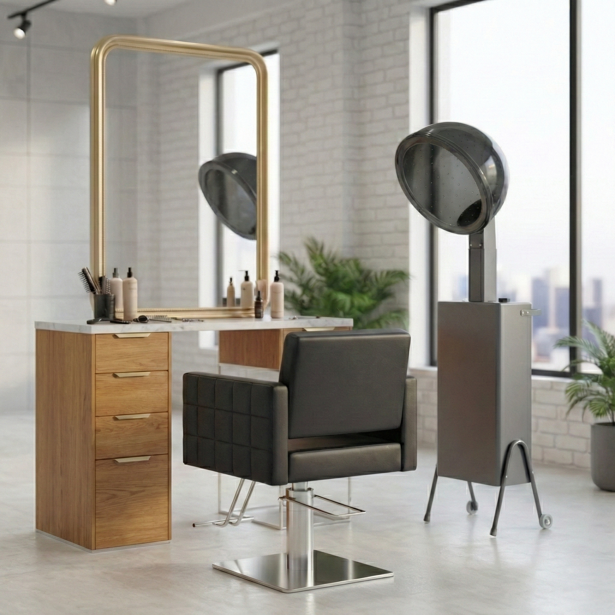 Salon chair with wooden cabinet and Skinact Hooded Conditioning Hair Dryer in a modern salon setting