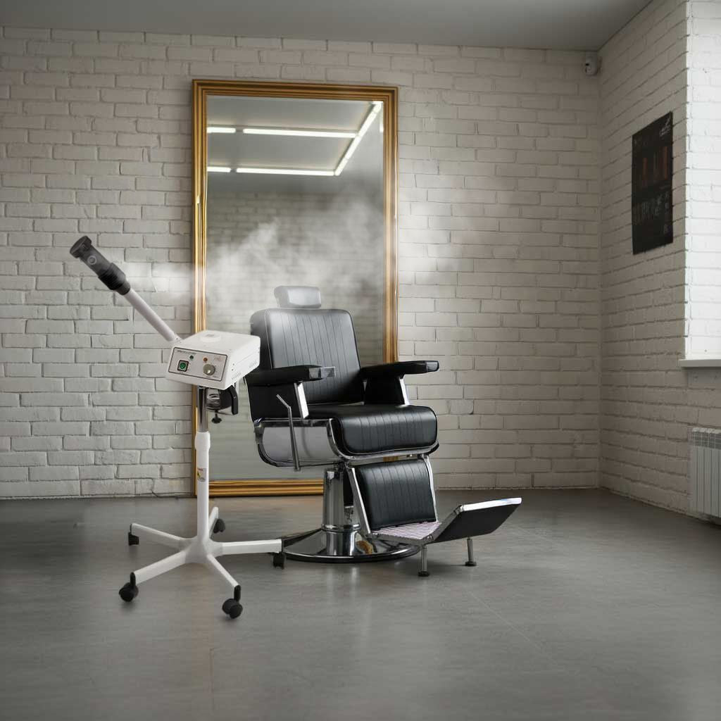 Barber chair with mirror in a room with white brick walls next to Skinact Katana Facial Steamer With Aroma Therapy