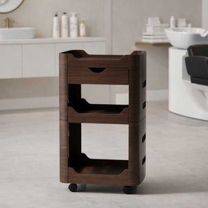 Wooden Moda Wooden Spa Trolley utility cart in a Beauty Salon setting with white fixtures.