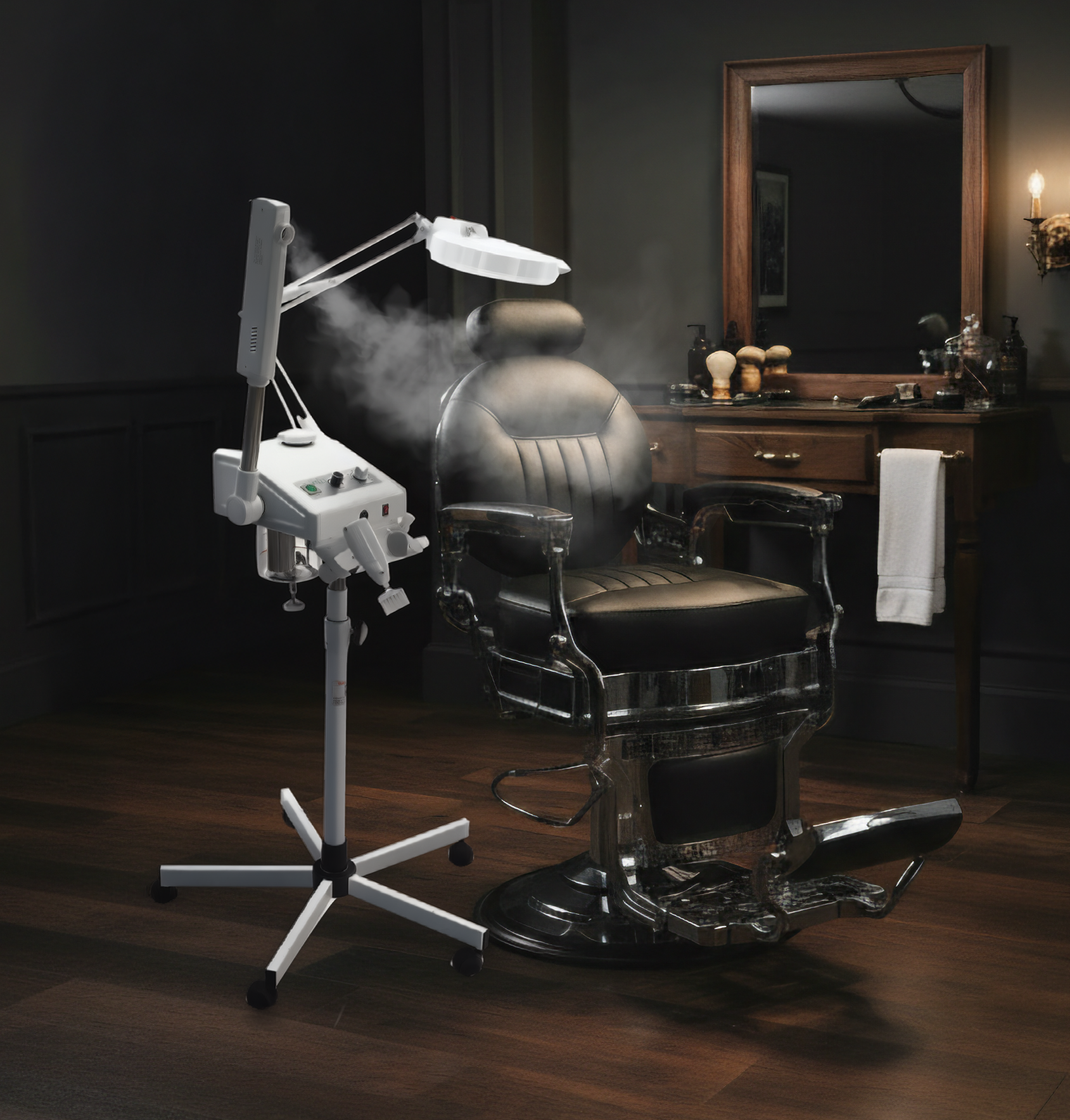 Barber chair with a Skinact Ozone Steamer, 5 Diopter Magnifying Lamp And High Frequency in a dimly lit Barber Studio
