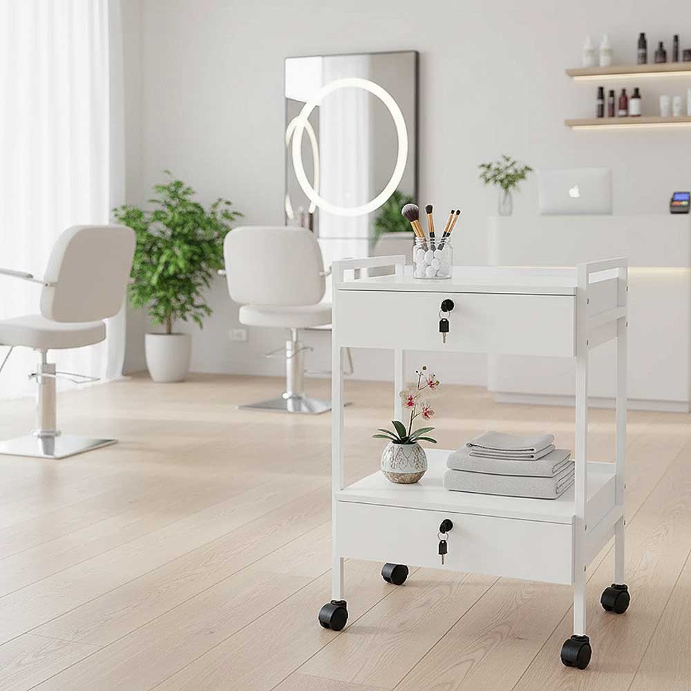 White Skinact Pro Double Drawer rolling cart with vanity mirror and makeup items in a bright room.