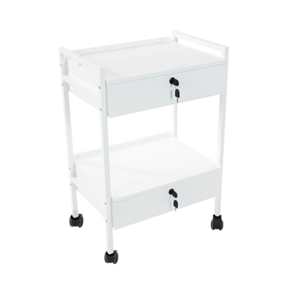 White Pro_Double_Drawer rolling cart with a drawer on a white background
