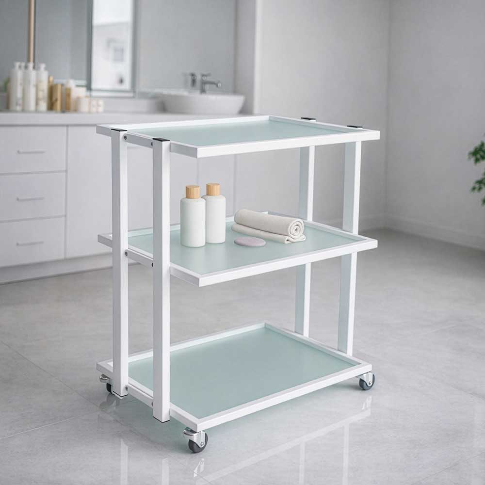 Skinact Pro Glass Cart With 3 Shelves three-tiered rolling cart with glass shelves in a Salon setting