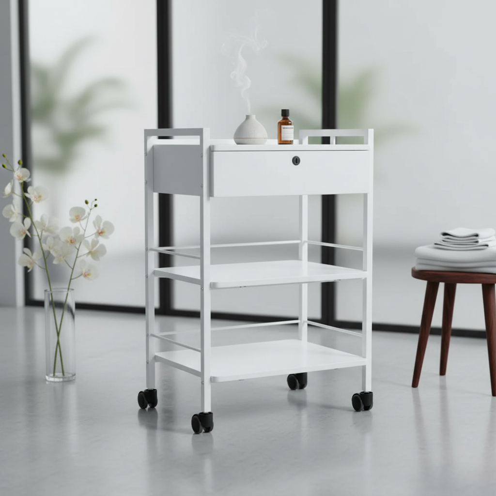 White Pro Single Drawer Cart rolling cart with a small drawer and shelves in a modern room setting.