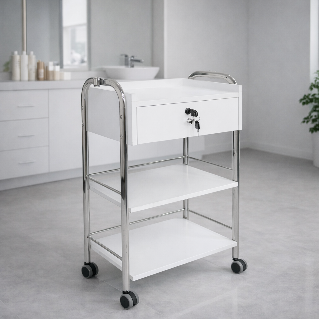 White Salon, Spa Cart With Single Drawer utility cart with a drawer in a Salon Studio setting