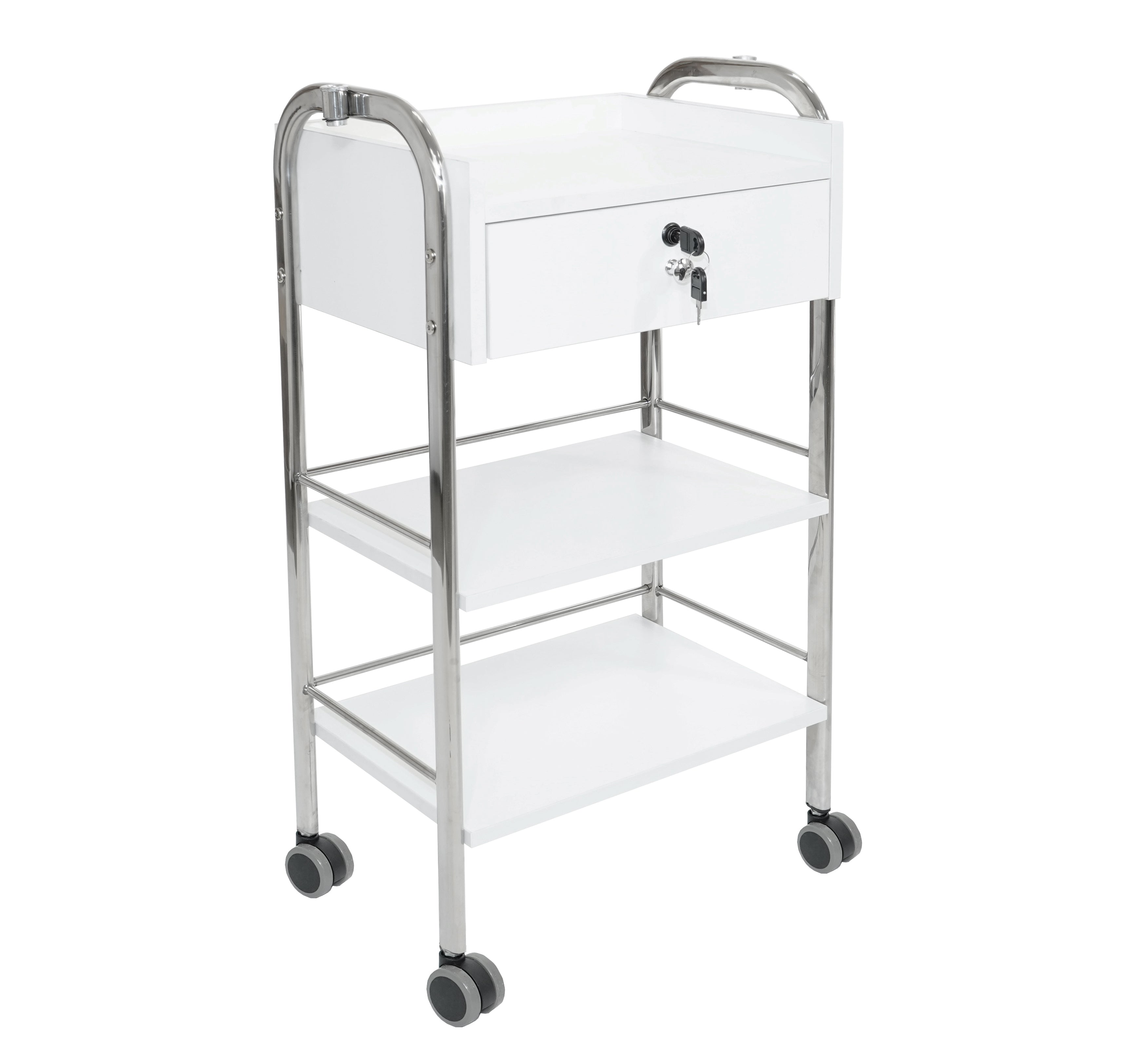 White rolling cart with a single drawer and two shelves on a white background