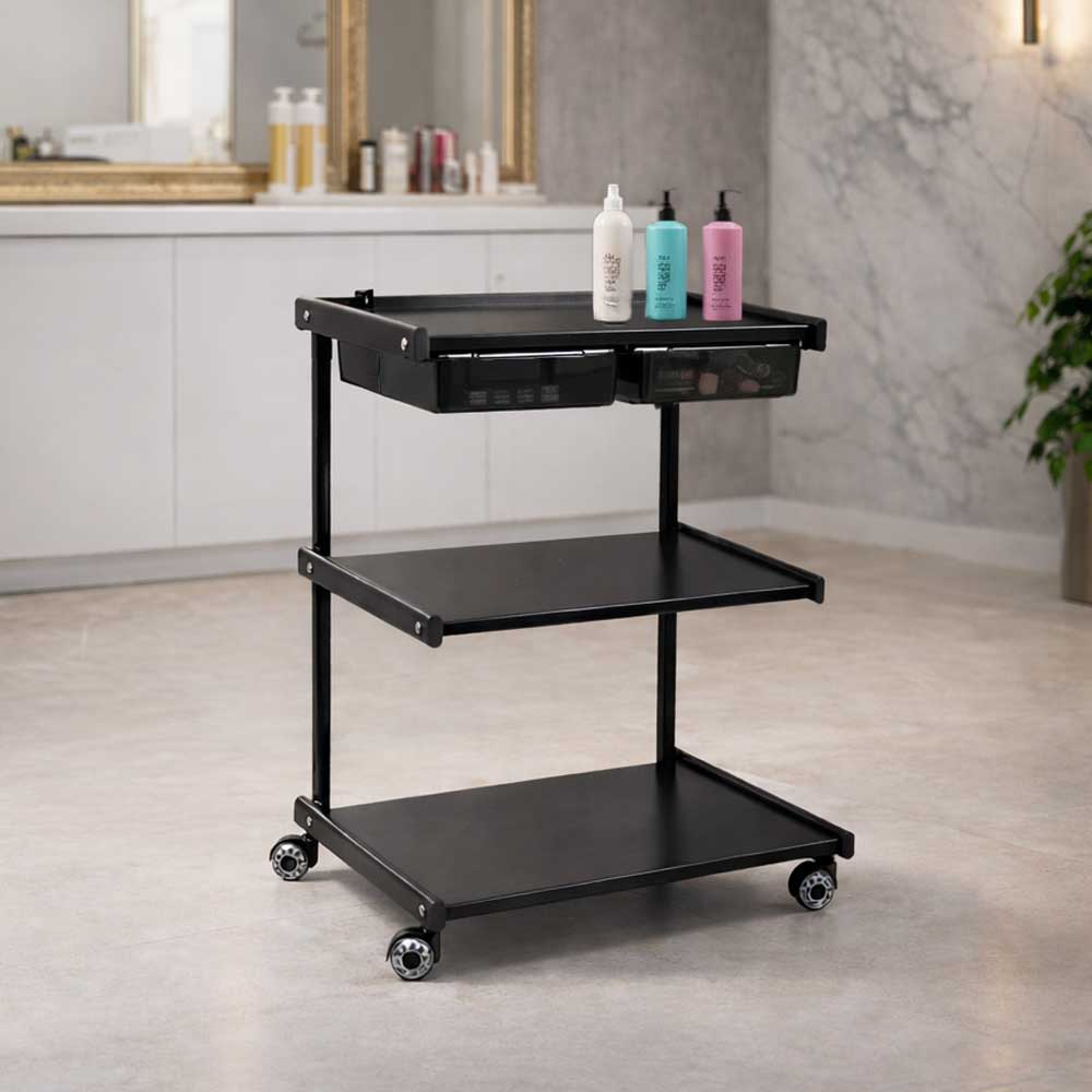 Black Slate Metal Cart utility cart with bottles on a marble floor