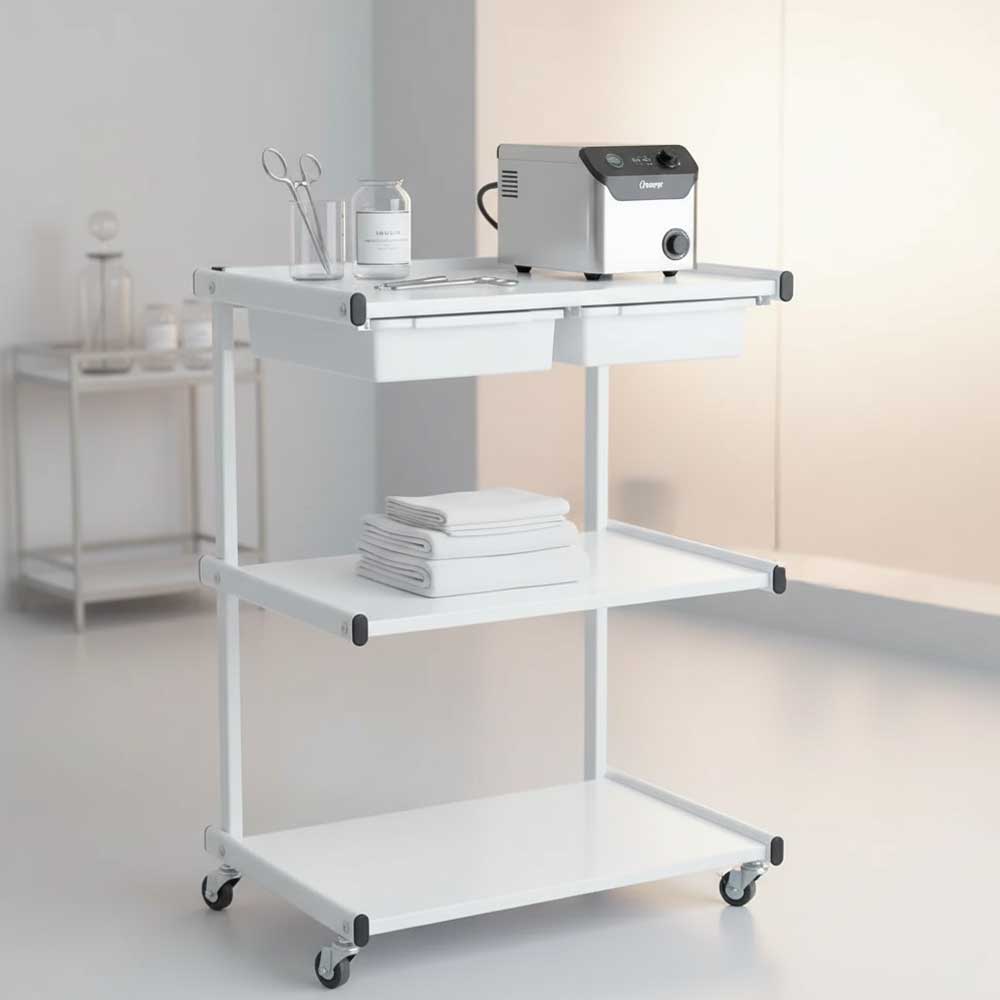 White trolley with beauty equipment and supplies in a salon setting