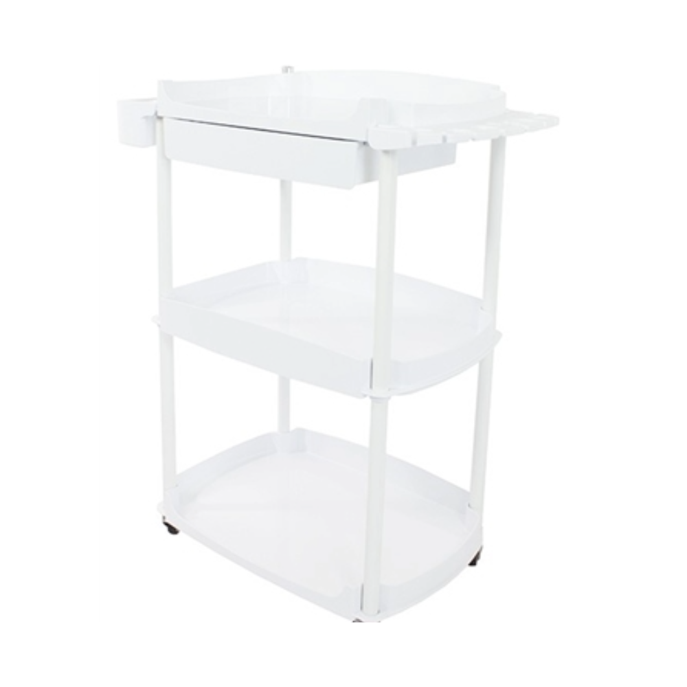 White Utility Cart With One Drawer and three-tier salon cart on a white background
