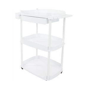 White Utility Cart With One Drawer and three-tier salon cart on a white background