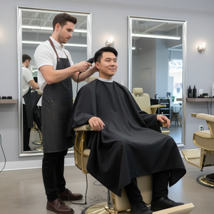 Barber cutting a customer's hair in a salon setting in our Trono Barber Chair