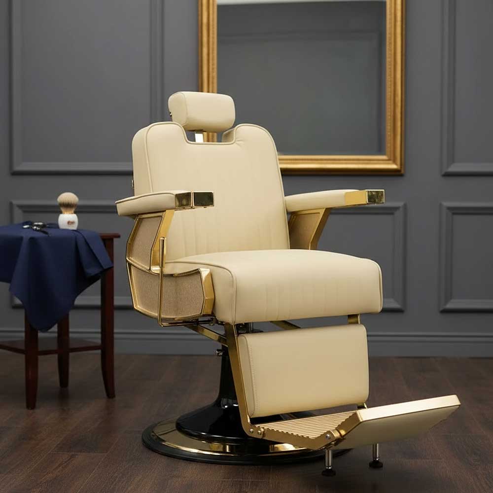 Trono Barber Chair Beige and gold barber chair in a room with gray walls and wooden floor.