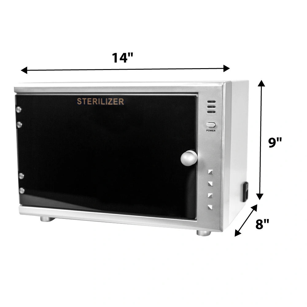 SalonAct Pro UV sterilizer exterior dimensions showing 14 inch width, 8 inch depth, and 9 inch height for compact countertop use