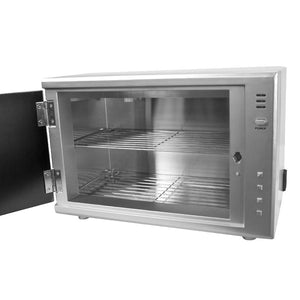 Interior view of SalonAct Pro UV sterilizer featuring stainless steel oven with open door on a white background